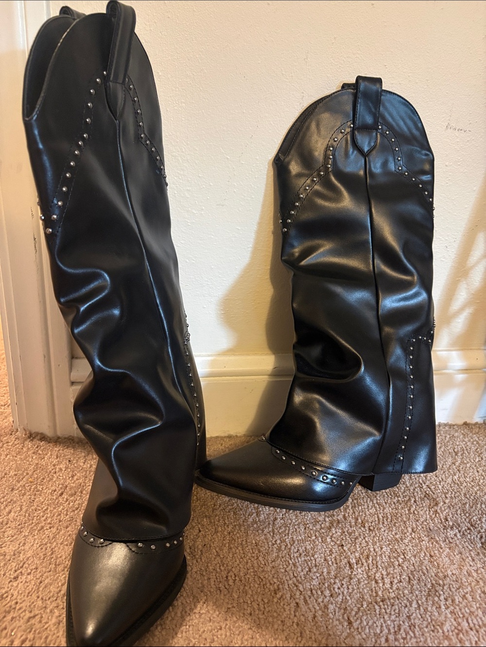 SHEIN Black Studded Western-Inspired Knee Boots